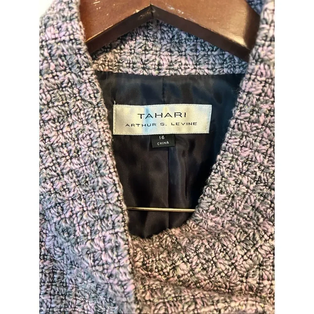TAHARI by ASL Miliary Style Blazer Tweed Jacket Stand Collar Pink Grey sz 16 - Picture 2 of 8